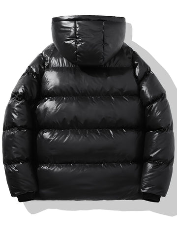 Men'S Winter Hooded Jacket, Casual Solid Color Polyester 100% with Pockets, Regular Fit, Non-Stretch Woven Fabric, Warm Thickened Coat with Polyester Fiber Filling